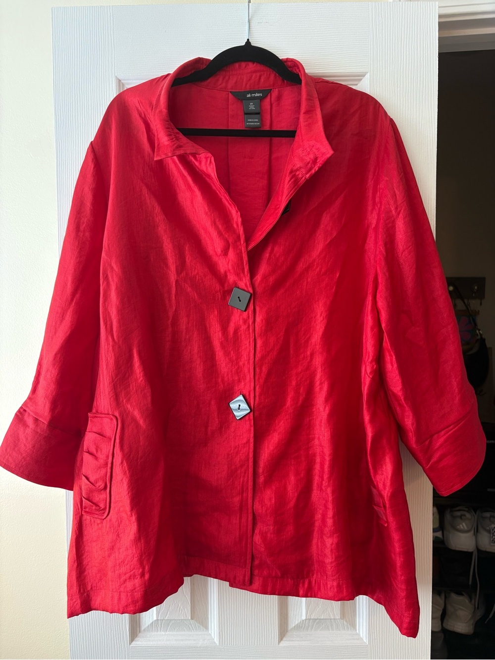 Ali Miles Bright Red Linen Trench Coat with Statement Buttons